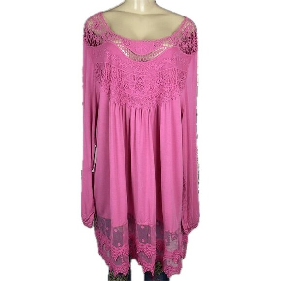 Roaman's 26/28 Pink Scoop Neck Lace Bib Sheer Mesh Scallop Hem Long Sleeve Top - Picture 2 of 6